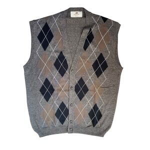 Vintage Italian Wool Blend Button Front Argyle Sweater Vest Brown Grunge Grandpa